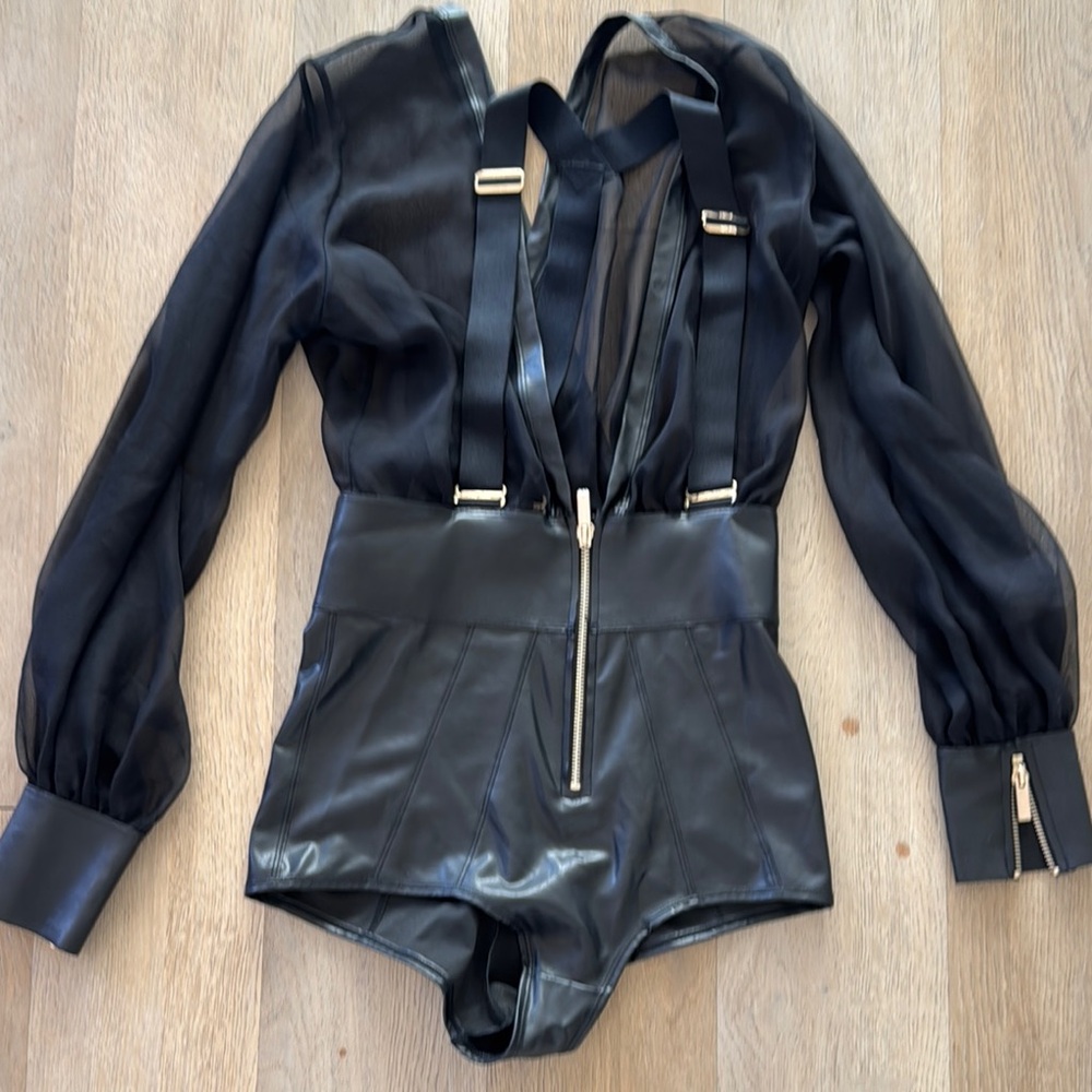 Honey Birdette one piece Black Sheer Long Sleeve Bodysuit with Zipper